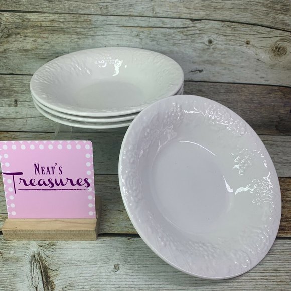 Gibson FOUR SEASONS All White Embossed Fruit Floral Rim Coupe Soup Bowl Set of 4